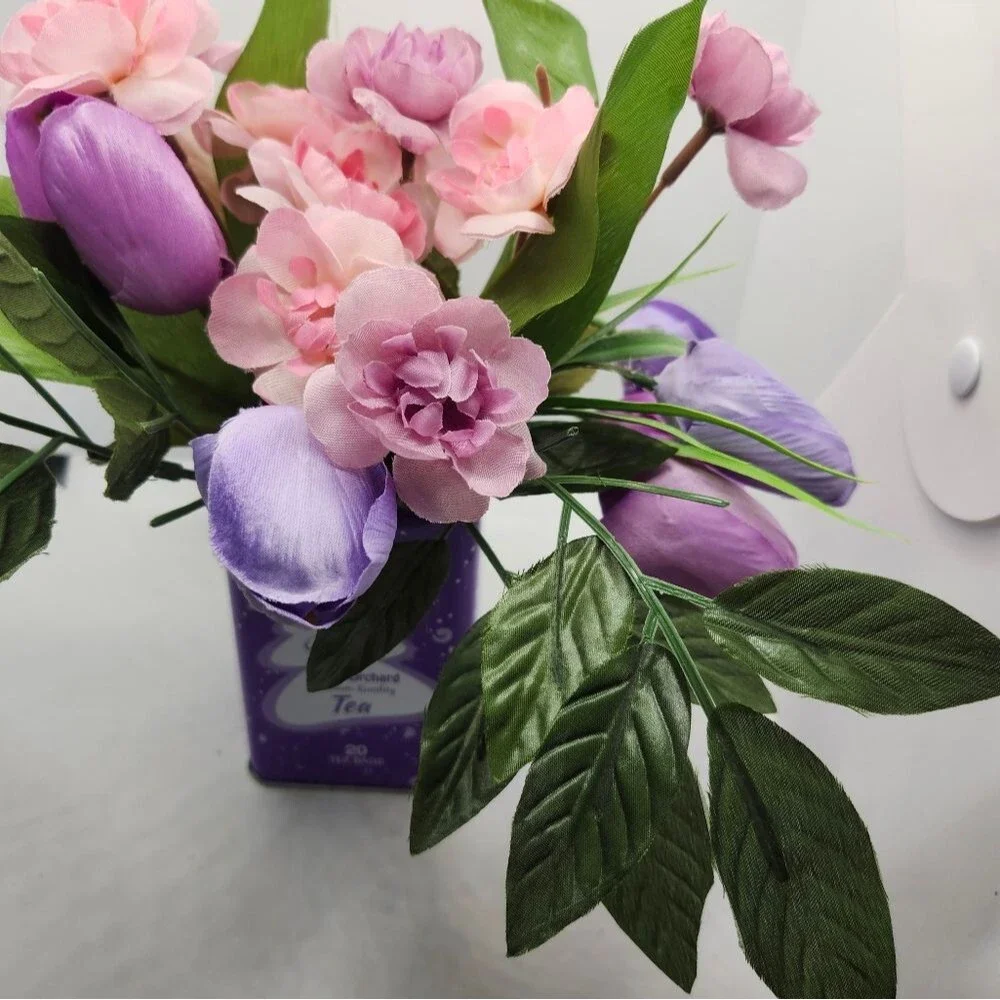 Hand Crafted Floral Table Centerpiece Spring Tulip Tea Tin